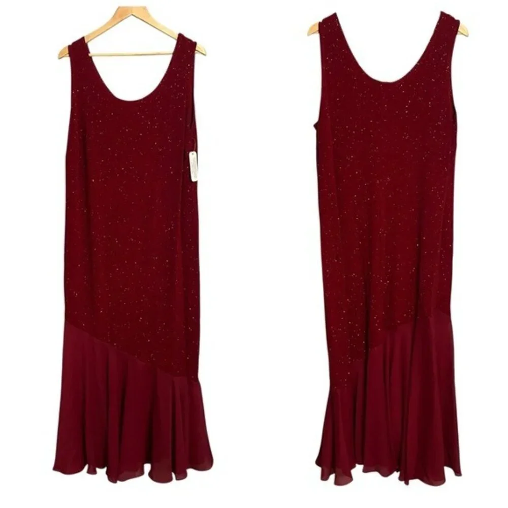 Monroe & Main 16W Glitter Dress NWT Mermaidcore Asym Hem Glam Formal Burgundy